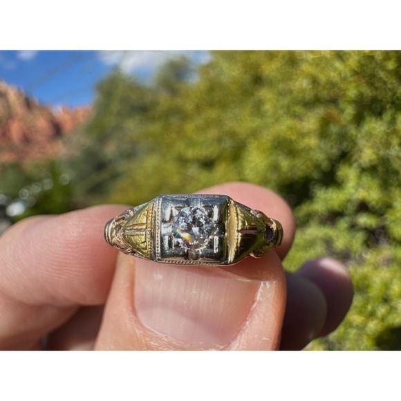 Antique 18k Solid‎ Multi Colored Gold Filigree Engraved Natural Diamond Ring